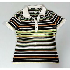 Basler Black Green Orange Striped Collared Polo Shirt Top Blouse Tee Size S 🧡💚🖤✨